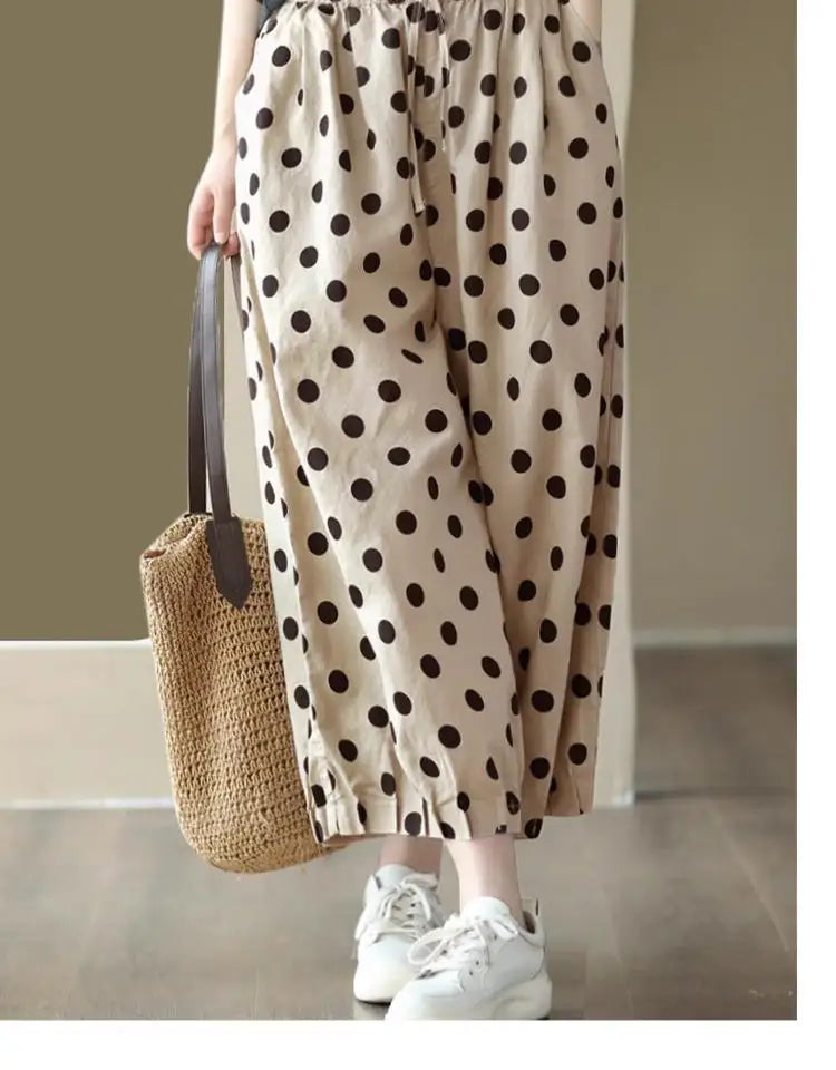 Pantalones de pierna ancha de lunares para mujer, novedad de verano, pantalones cortos informales finos y sueltos
