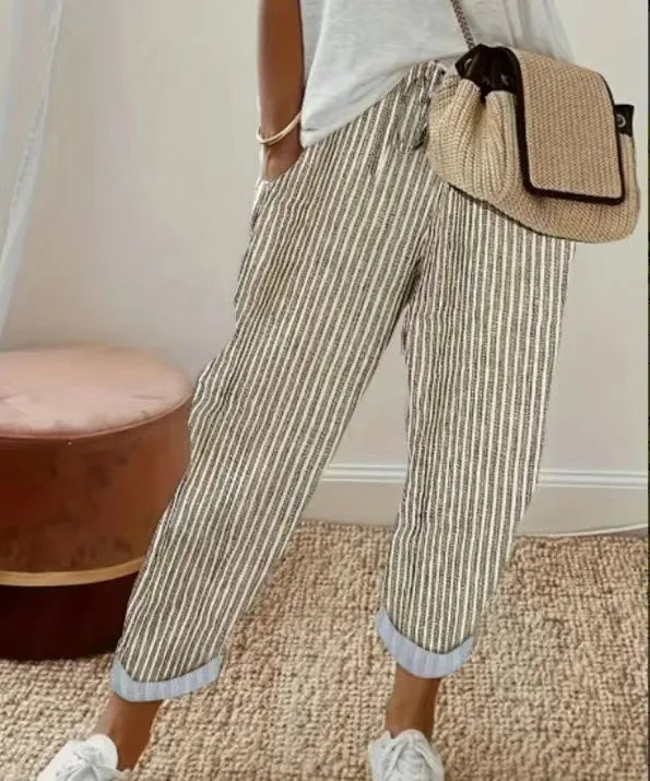 Pantalones informales con cordón de cintura elástica y estampado de rayas holgadas a la moda para mujer transfronteriza europea y americana novedad de verano