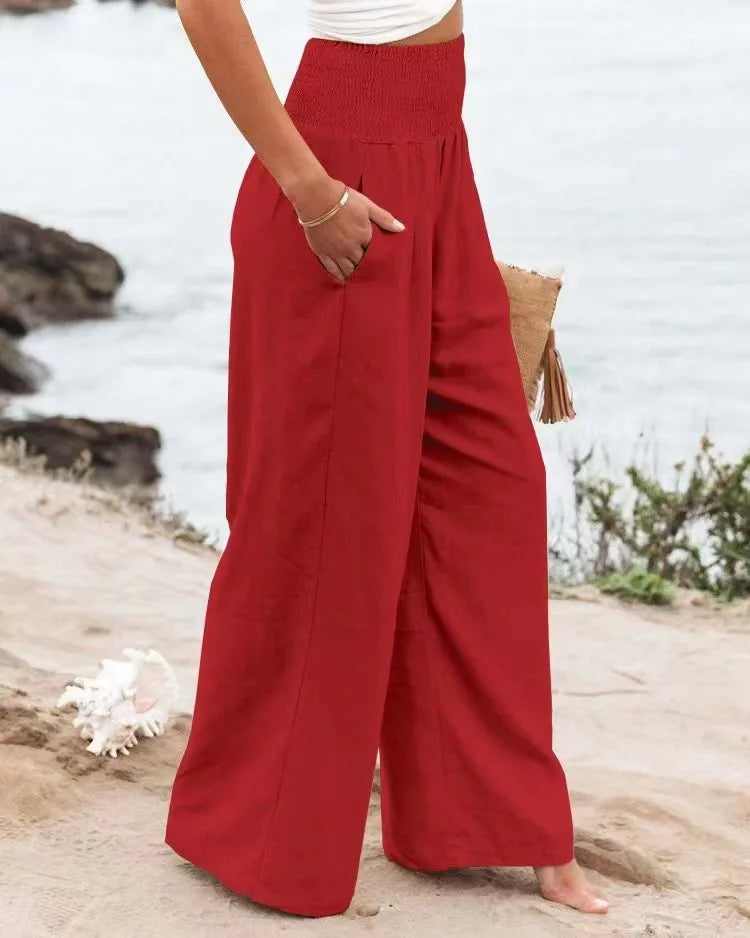 Pantalones casuales de mujer con cordón, cintura media, pierna ancha de playa, primavera y verano, pantalones europeos y americanos